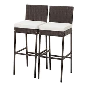 Wicker Barstools Outdoor Bar Stool with Off White Seat Cushion and Footrest (2-Pack)