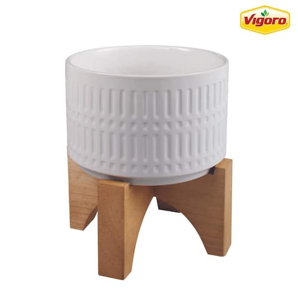 Vigoro 7.5 in. Corrine Small White Ceramic Planter (7.5 in. D x 8.1 in. H) with Wood Stand