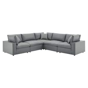 Commix 118 in. 5-Piece Gray Down Filled Overstuffed Faux Leather 4-Seat Sectional Sofa