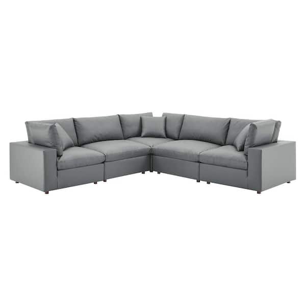 MODWAY Commix 118 in. 5-Piece Gray Down Filled Overstuffed Faux Leather 4-Seat Sectional Sofa