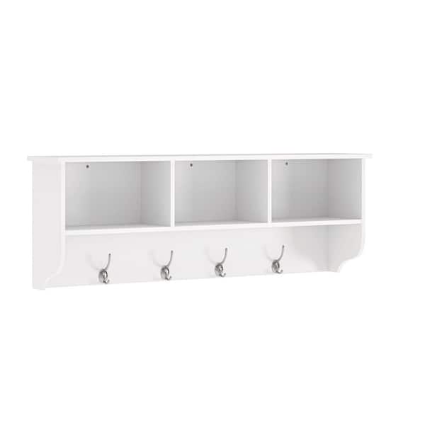 38.6 in. W x 7.9 in. D White MDF Decorative Wall Shelf with 4 Dual Hooks & 3 Built-in Cubbies, Wall Mounted Coat Rack
