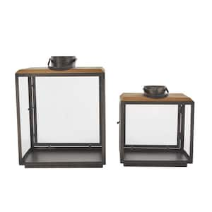 Dark Gray Metal Brushed Rectangular Candle Lantern with Brown Wood Tops (Set of 2)