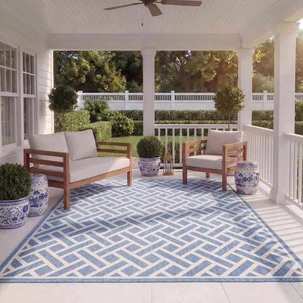 Courtyard Blue/Light Beige 8 ft. x 11 ft. Geometric Indoor/Outdoor Patio  Area Rug