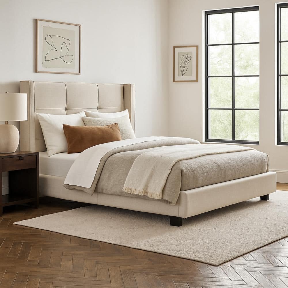 Bea Sand Brown Wood Frame Queen Panel Bed with Upholstered Headboard