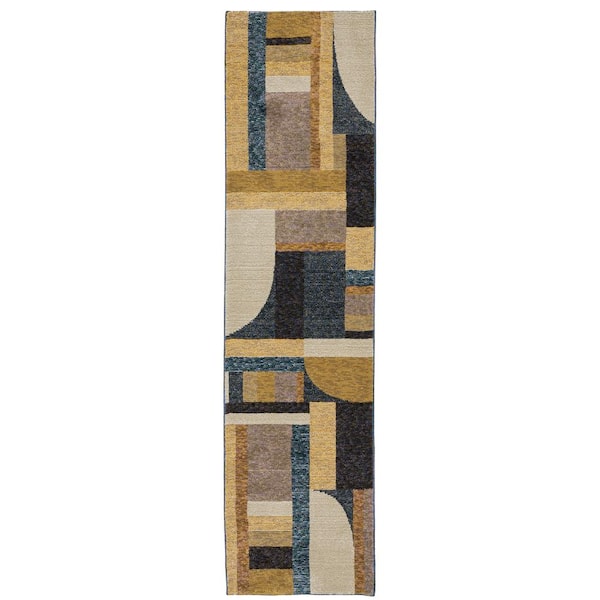 AVERLEY HOME Saturn Gold/Blue 2 ft. x 8 ft. Contemporary Geometric Polypropylene-Nylon Blend Indoor Runner Area Rug