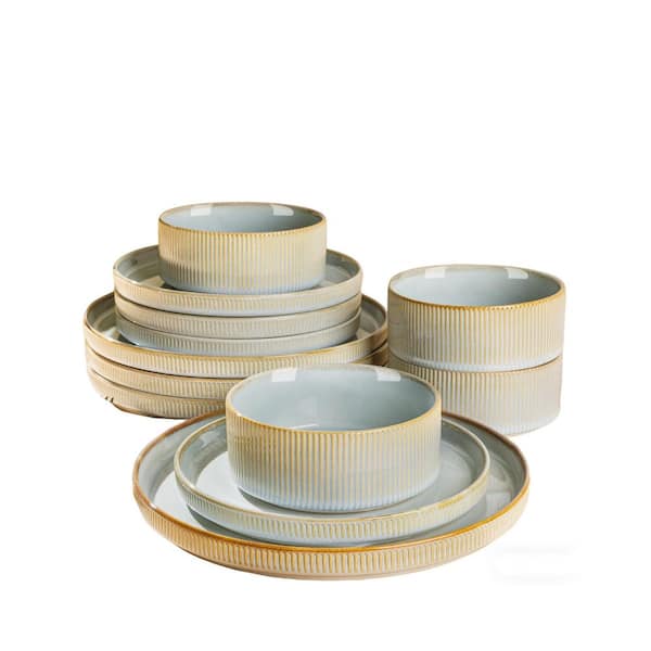 12-Piece Illusion Blue Ceramic Dinnerware Set (Service for 4), Porcelain Lightweight Plates and Bowls Sets
