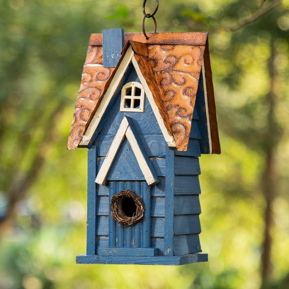 12" Blue Distressed Wood Cottage Birdhouse with Metal Roof