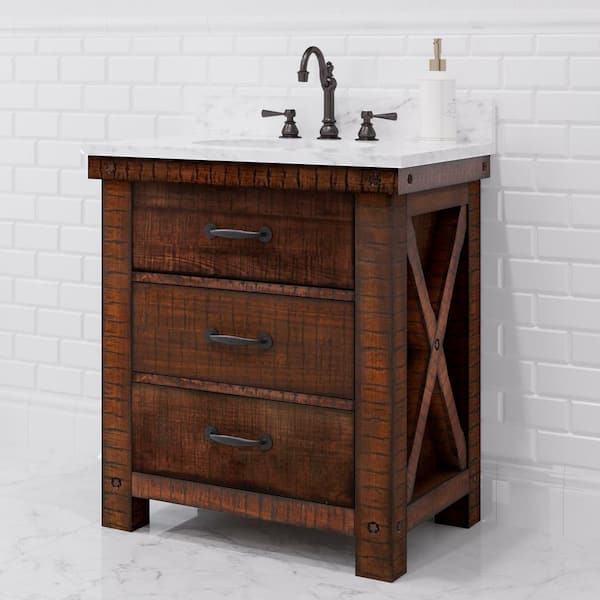 Water Creation Aberdeen 30 in. W x 22 in. D Vanity in Rustic Sienna with Marble Vanity Top in White with White Basin and Faucet