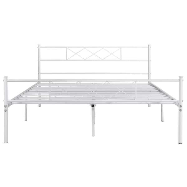 VECELO Victorian Bed Frame ，White Metal Frame 61 in. W Queen Size Platform Bed With Headboard and Footboard，Metal Slat Support