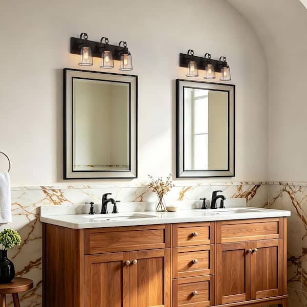 Farmhouse Rustic Oil-Rubbed Bronze Vanity Light, 22 in. 3-Light Cage Bathroom Wall Sconce with Seeded Glass Shades