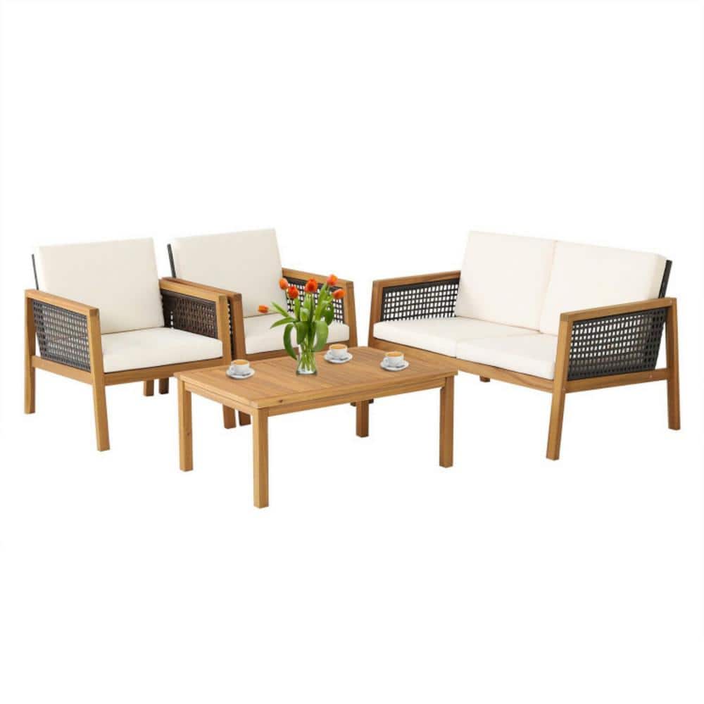 4-Pieces Wicker and Acacia Wood Patio Conversation Set Rattan Furniture Set with Removable White Cushions price history on PriceWatchPro