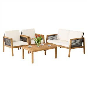 4-Pieces Wicker and Acacia Wood Patio Conversation Set Rattan Furniture Set with Removable White Cushions