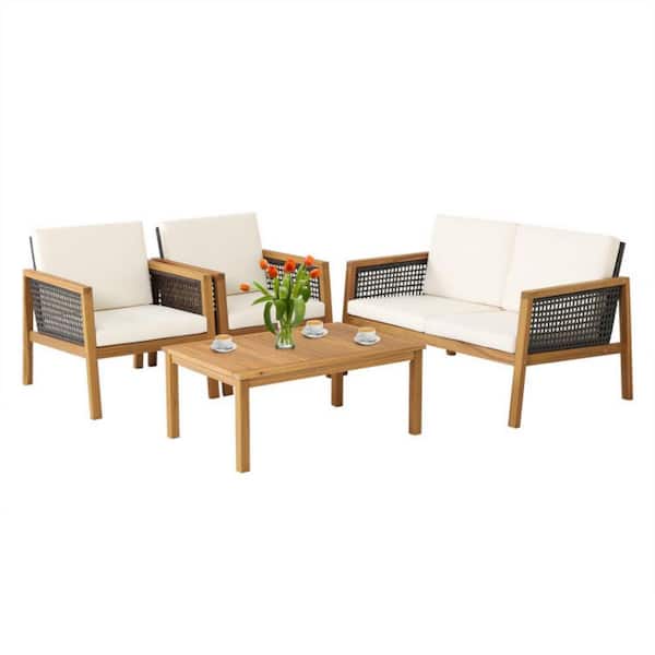 Clihome 4-Pieces Wicker and Acacia Wood Patio Conversation Set Rattan Furniture Set with Removable White Cushions