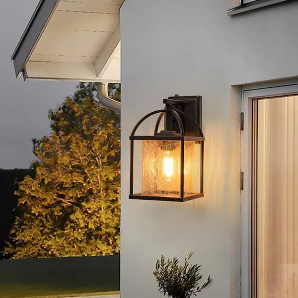Y'INSP 13 in. Black Dusk to Dawn Outdoor Wall Sconce Lighting Fixture Modern Exterior Wall Lantern With Cracked Glass Shade