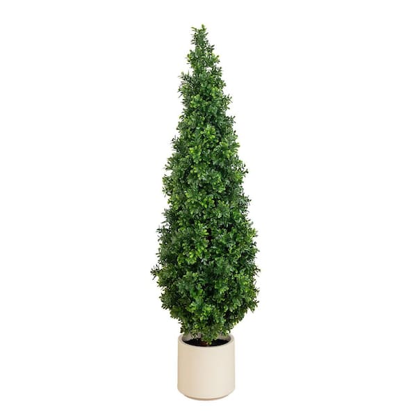 44 in. UV Resistant Artificial Boxwood Topiary Cone Tree in Decorative White Planter (Indoor/Outdoor)