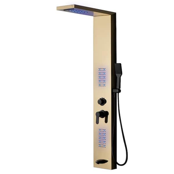 BWE 2-Jet Rainfall Shower Panel System with Rainfall Waterfall Shower Head and Shower Wand with LED Light in Black Gold