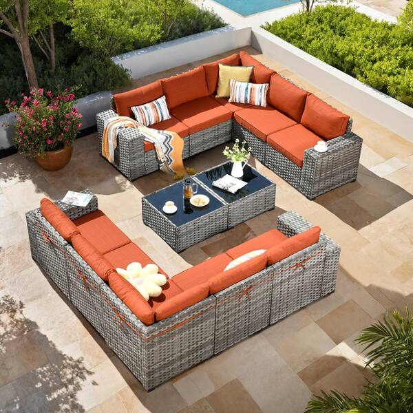 XIZZI Beatrice 12-Piece Wicker Outdoor Sectional Set with Orange Red Cushions