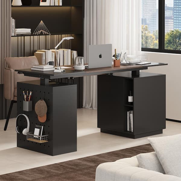 FUFU&GAGA 63 in. W U-Shaped Black Adjustable Height Desk Ergonomic