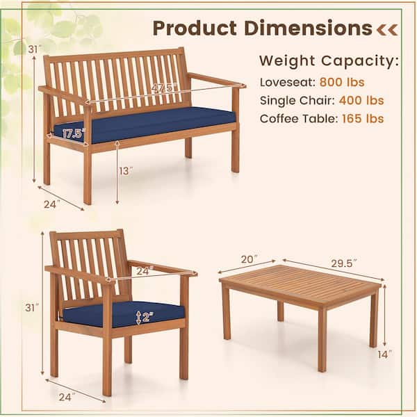 Navy 4-Piece Wood Patio Conversation Set with Loveseat, 2 Chairs and Coffee Table for Porch