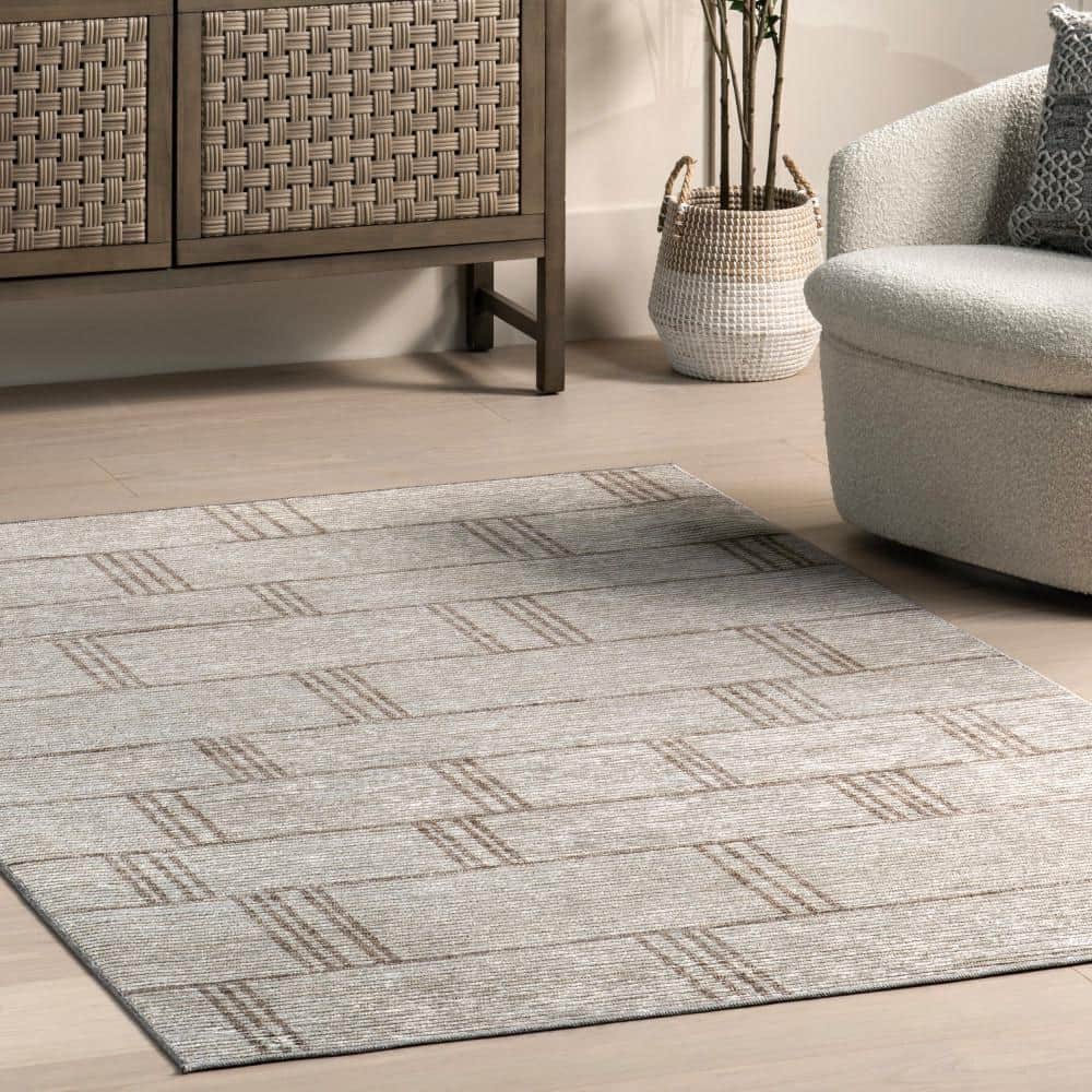 Beige Geometric Machine Washable Stain-Resistant Area Rug