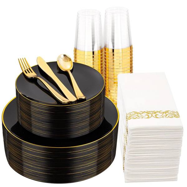 350-Piece Elegant Black and Gold Plastic Dinnerware Set (Service for 50)