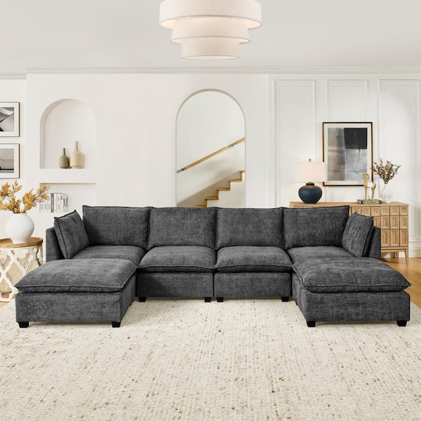 Rowena Modern 140 in. 6-Piece Chenille Modular Sectional Sofa in. Grey with 2 Ottomans, Throw Pillows, Deep Seat
