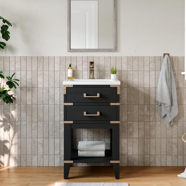 JimsMaison 20 in. W x 17.75 in. D x 33.95 in. H Freestanding Bath Vanity in Black Oak with White Resin Top