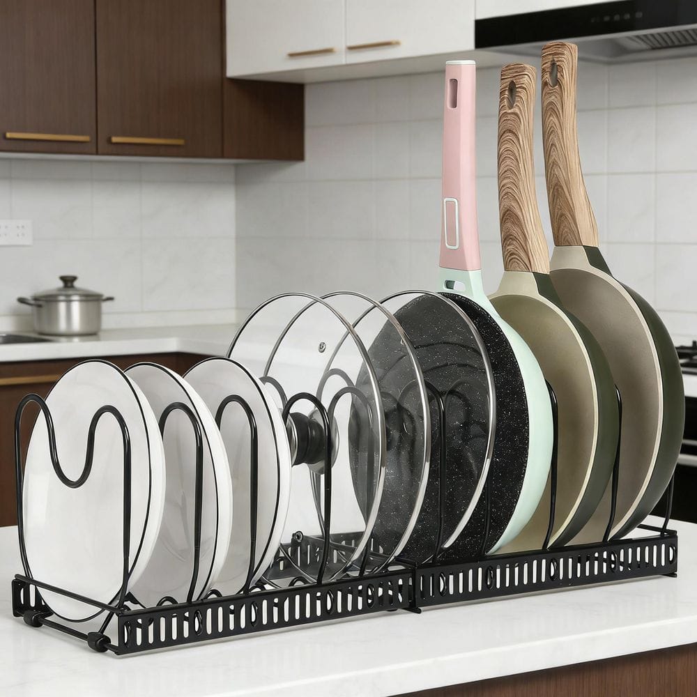 Wudkey Black Expandable Standing Pot Rack Organizer for Cabinet with 10 ...