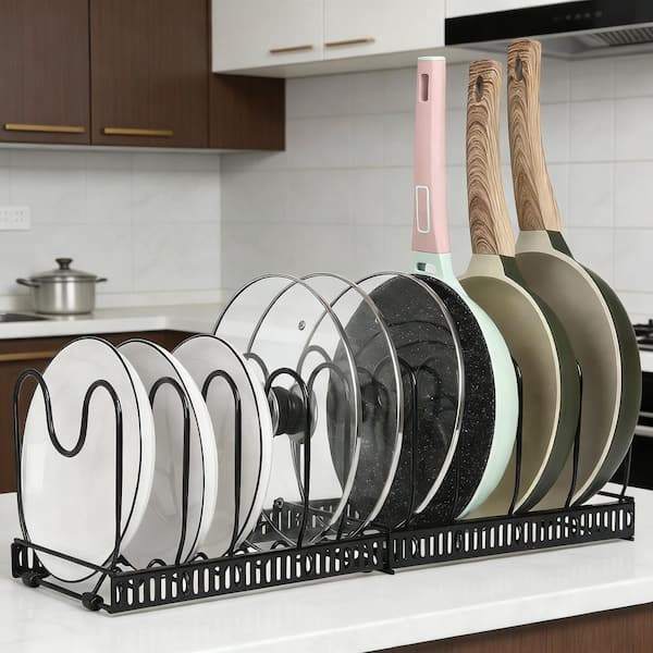 Black Expandable Standing Pot Rack Organizer for Cabinet with 10 Adjustable Compartment for Cabinet, Cookware and Baking
