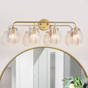 29 in. Seeded Glass Wall Sconce Lighting, 4-Light Modern Gold Bathroom Vanity Light, Globe Farmhouse Bath Lighting