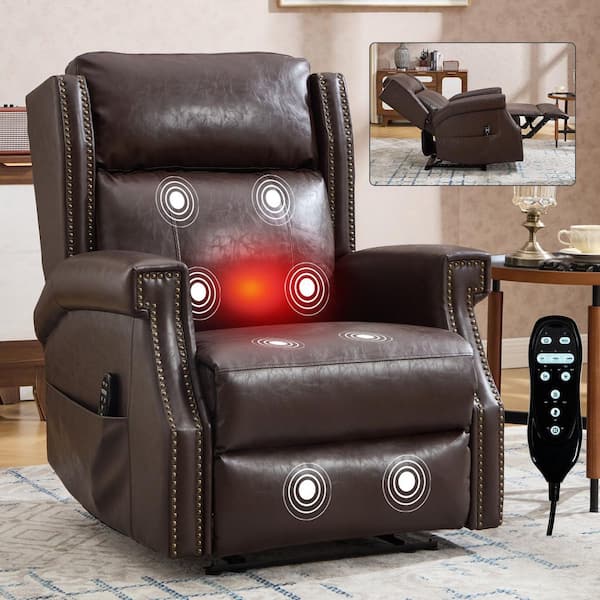 Brown High-End Leather Manual Recliner Chair with Massage and Heat, Nailhead Trim, Side Pocket