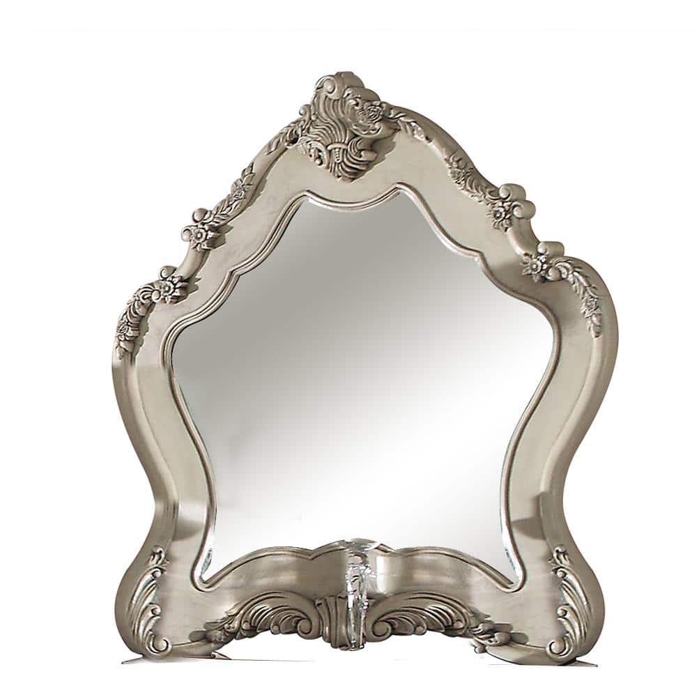 Antique White Ornate Wood Dresser Mirror with Beveled Edges