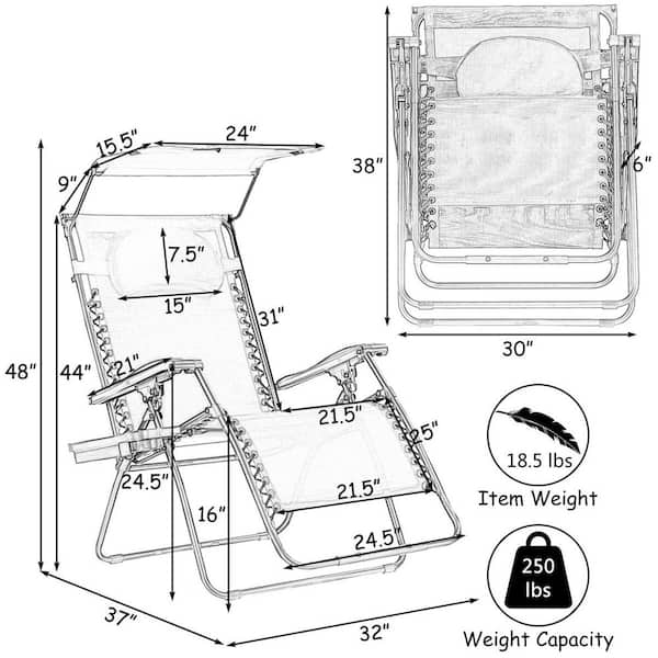 Gymax Gray Metal Outdoor Folding Recliner Zero Gravity Lounge