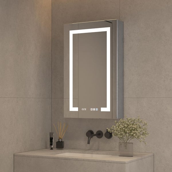 20 in. W x 32 in. H Rectangular Silver Aluminum Recessed/Surface Mount Left Hinge Dimmable Medicine Cabinet with Mirror
