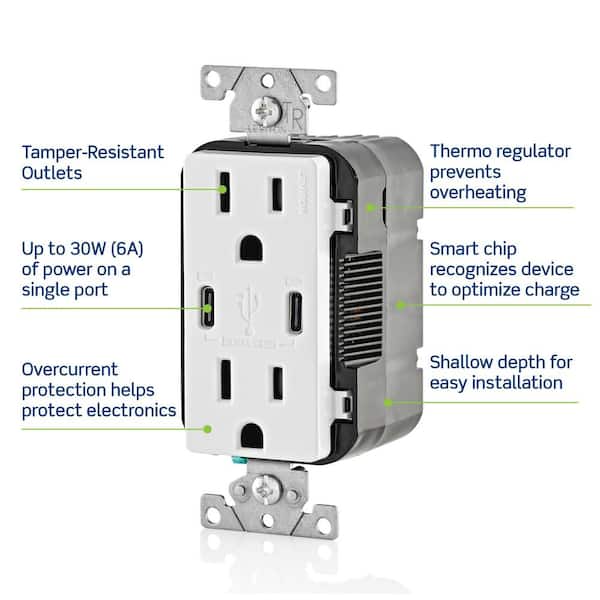 Leviton      30-Watt 6 Amp USB Dual Type-C with Power Delivery In-Wall Charger/15 Amp 125-Volt Tamper-Resistant Outlet, White