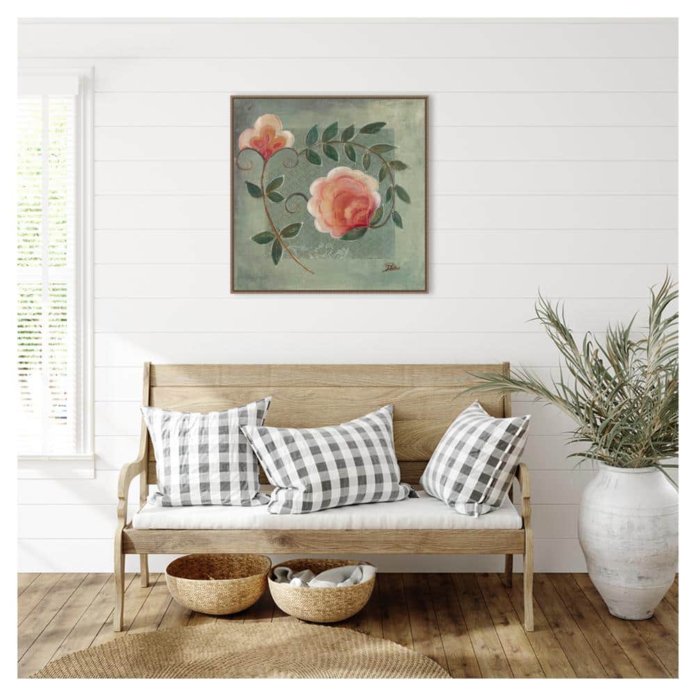 Green and Pink Beaded Framed Floral Canvas Wall Art