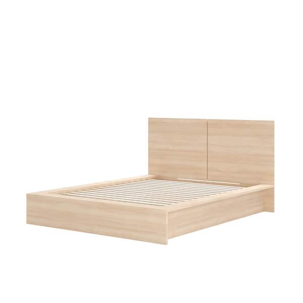 James Beige Oak Frame Queen Size Platform Bed with Headboard