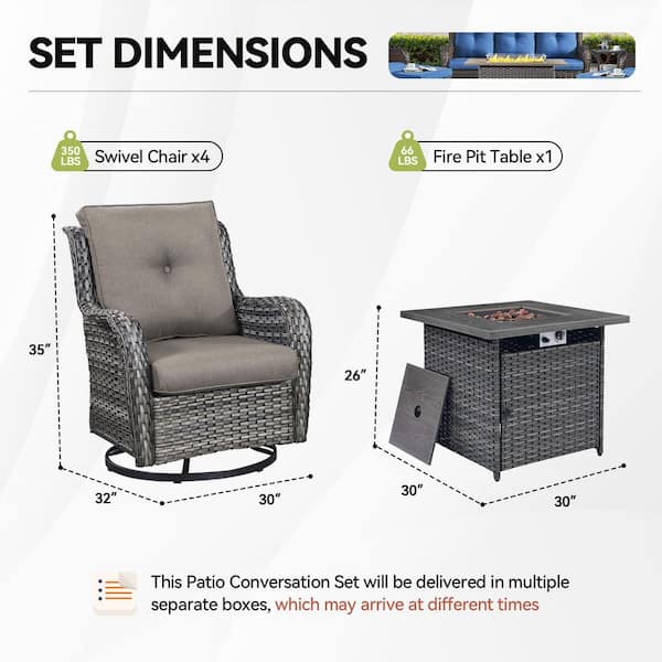 Gray 5-Piece Wicker Outdoor Dining Set with Olefin Gray Cushions Fire Pit Sets with Swivel Gliders for Patio