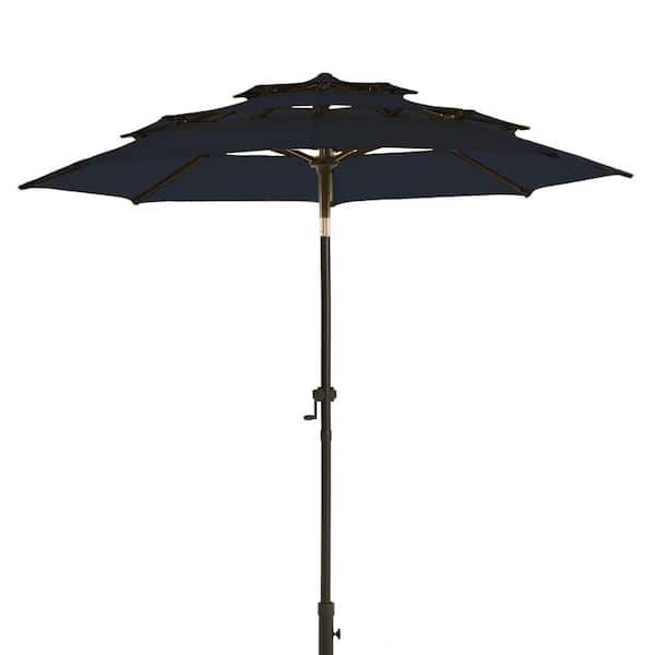 wikiwiki 9 ft. 3-Tier Market Patio Umbrella with Push Button Tilt and Crank in Navy Blue