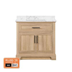 Doveton 36 in. Single Sink Freestanding Weathered Tan Bath Vanity with White Engineered Marble Top (Fully Assembled)