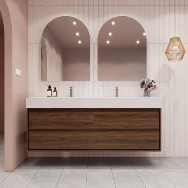 BV Better Vanity Saggie 71 in. W. x 20 in. D x 28 in. H Double Sink Floating Bath Vanity in Rosewood with White Acrylic Top