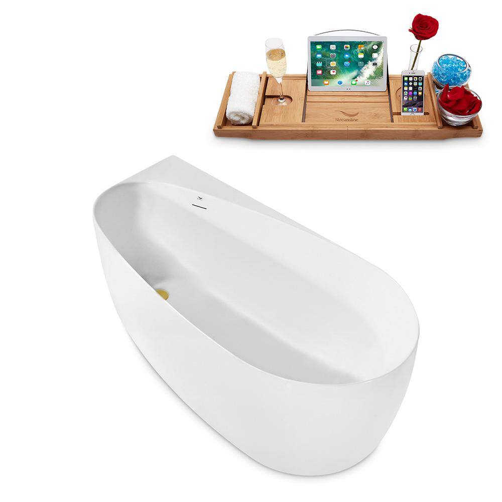 59" Glossy White Acrylic Freestanding Soaking Bathtub with Brushed Gold Trim