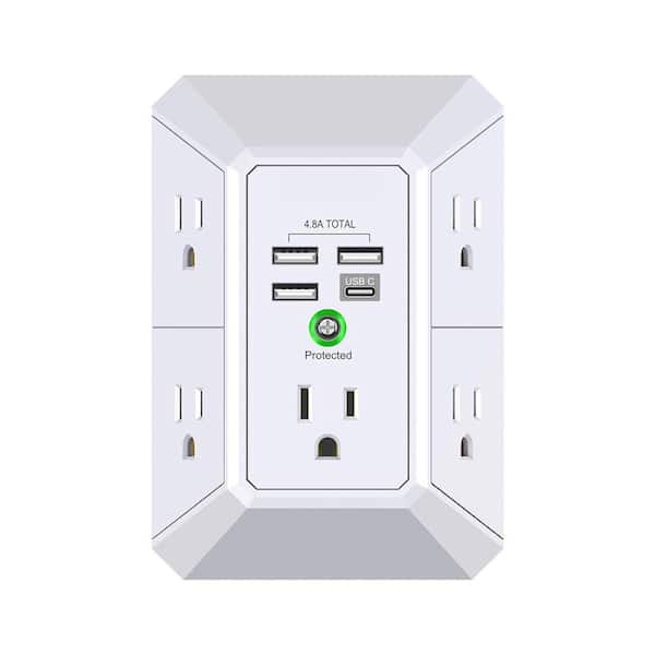Lukyamzn 5-Outlet Extender Wall Plug Adapter Surge Protector with 3 USB A Ports and 1 USB Type C Port, White