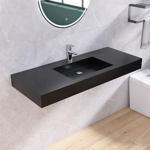 47 in. x 19 in. Solid Surface Wall-Mounted Bathroom Vessel Sink in Black with Faucet Hole and Pop-up Drain