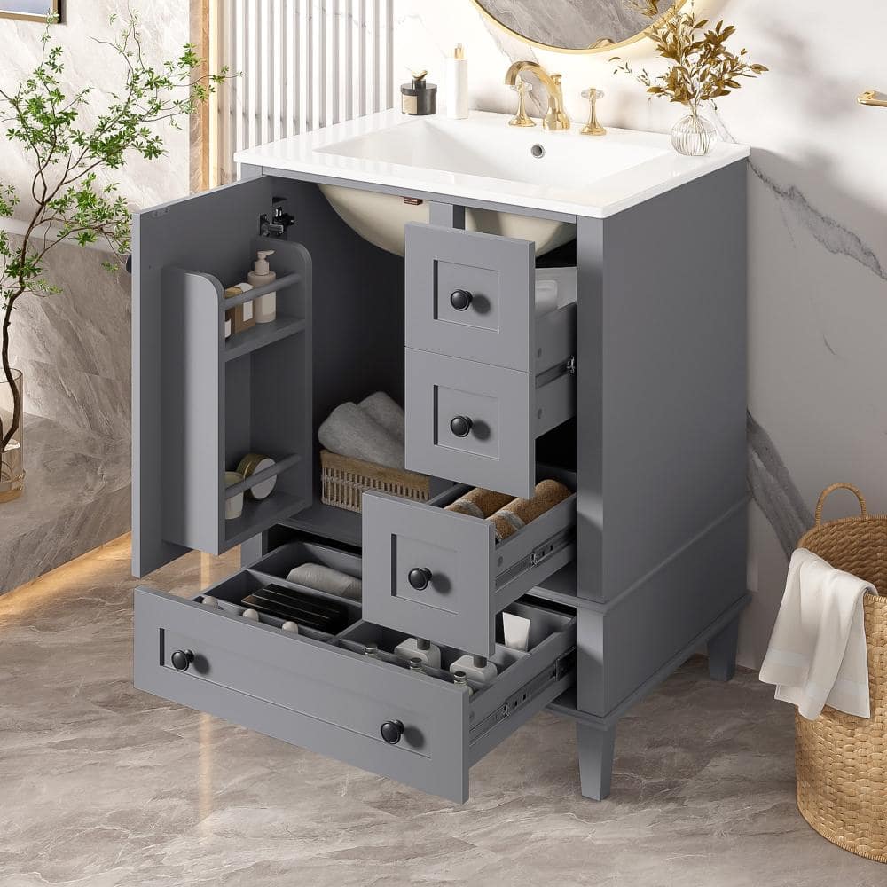 24 in.Grey Freestanding Bathroom Vanity with Ceramic Single Sink,Soft Close Door & Drawers,Door Storage Rack price history on PriceWatchPro