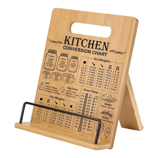 Natural Bamboo Recipe Stand with Measurement Conversion Chart Adjustable Book Holder for Kitchen Counter Cooking
