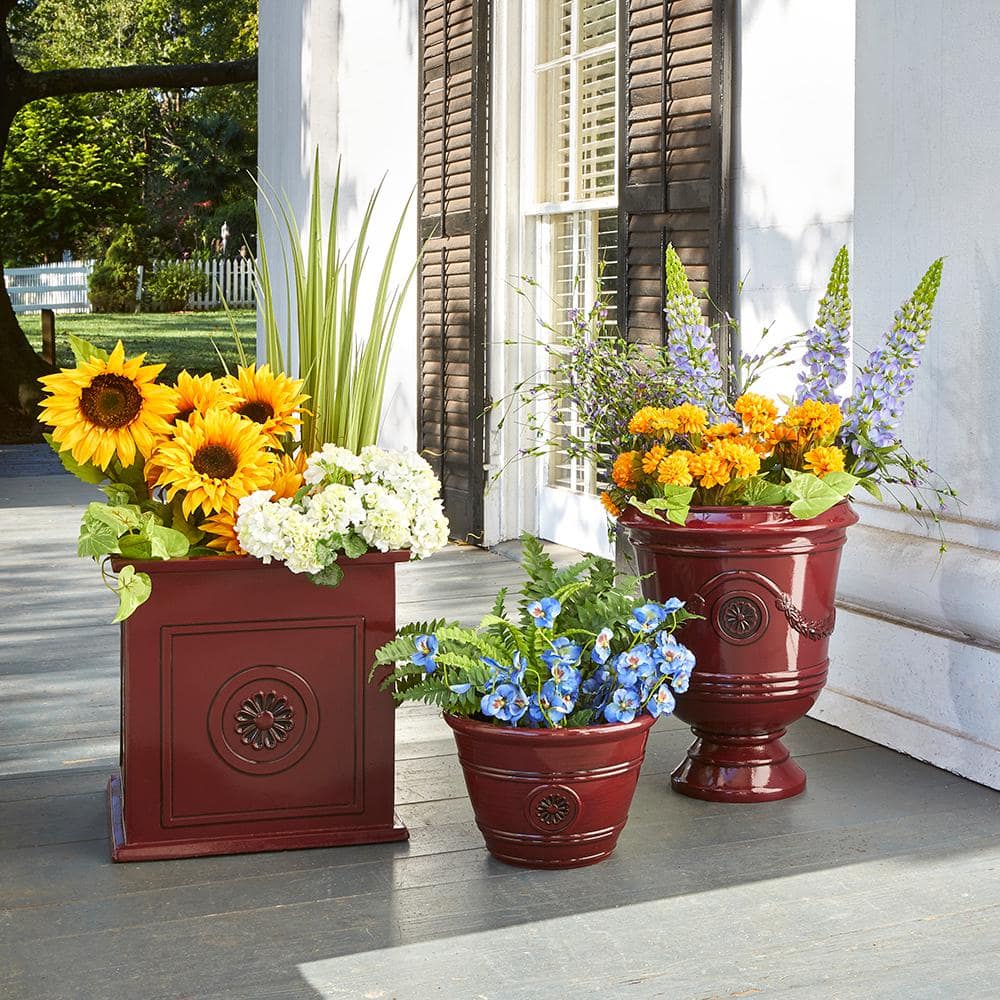 Colony Square 16" Oxblood Resin & Ceramic Outdoor Planter