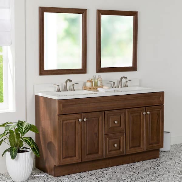 Glensford 61 in. Double Sink Butterscotch Bath Vanity with White Cultured Marble Top (Assembled)