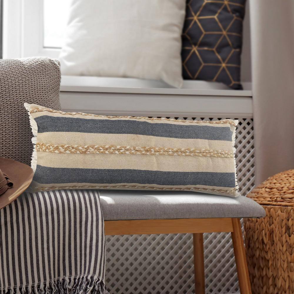Coastal Denim and Tan Striped Lumbar Pillow with Jute Braiding