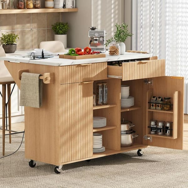 Cesicia Modern Black Wood 50.7 in. Drop Leaf Kitchen Island with Storage Tilt Trash Can Cabinet and Pull Out Cabinet Organizer